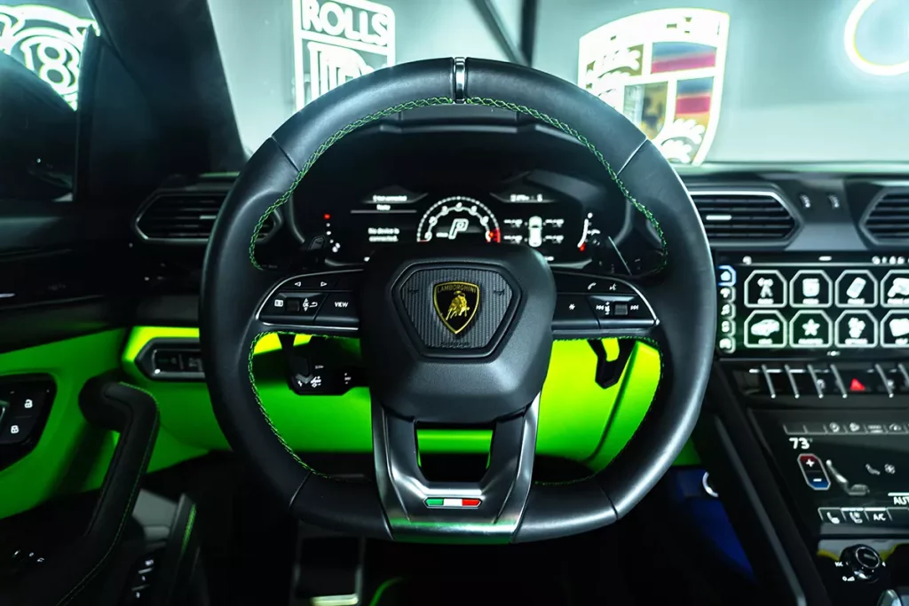Purple Lamborghini Urus for rent in Houston 1